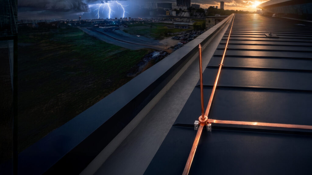 Tokai lightning protection system with lightning rod on the roof of a building with lightning in the distance
